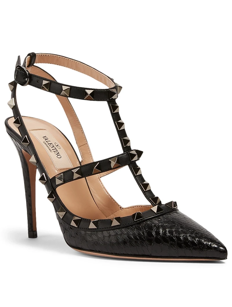 Rockstud Snake-Embossed Leather Caged Pumps