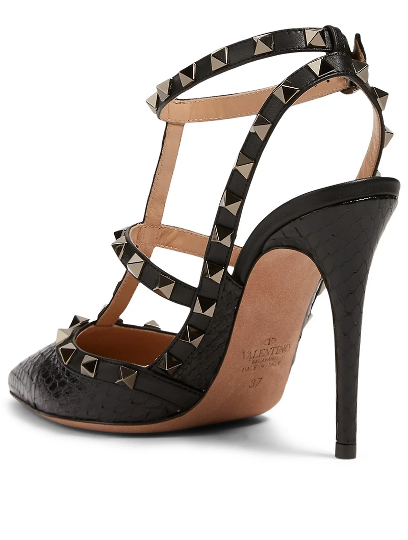 Rockstud Snake-Embossed Leather Caged Pumps