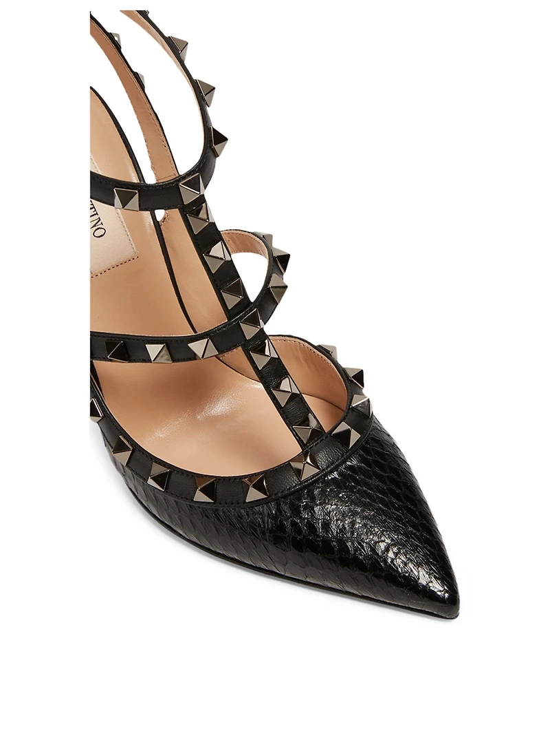 Rockstud Snake-Embossed Leather Caged Pumps
