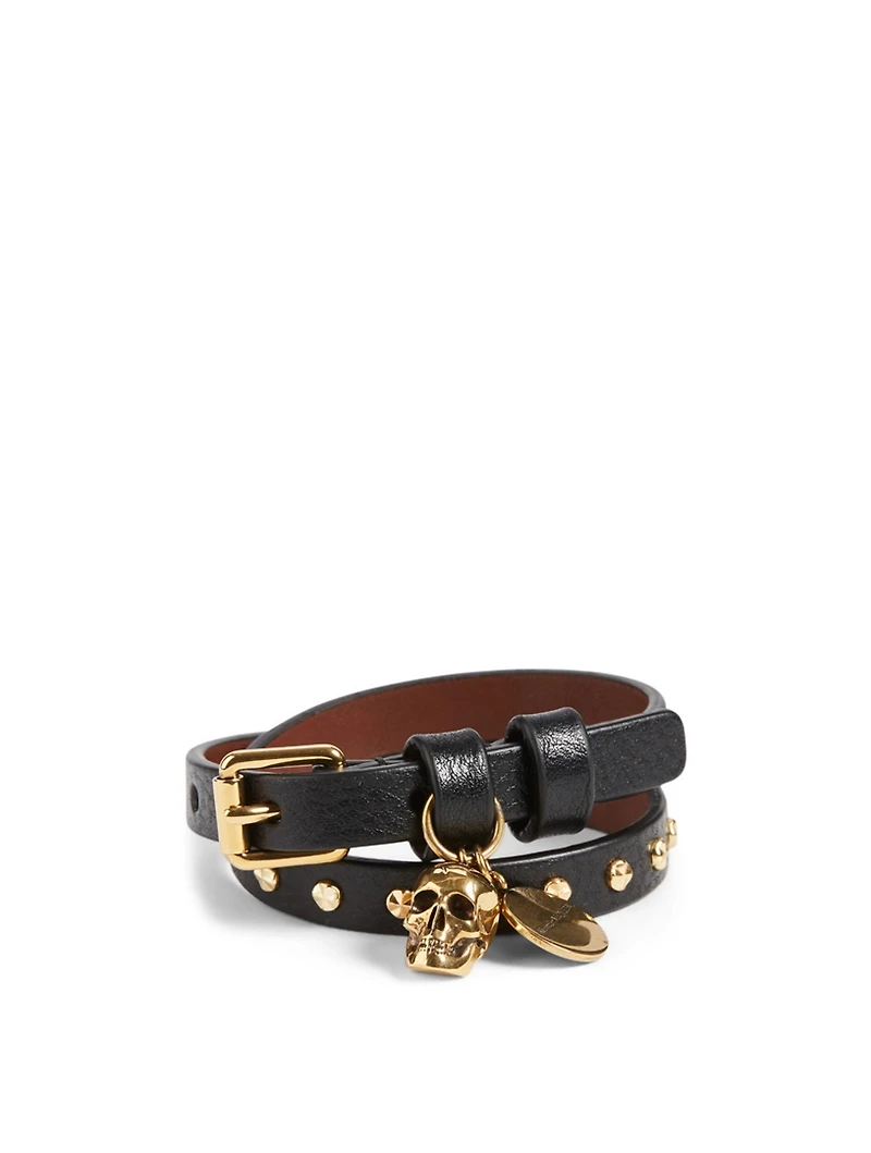 Leather Wrap Bracelet With Skull Charms
