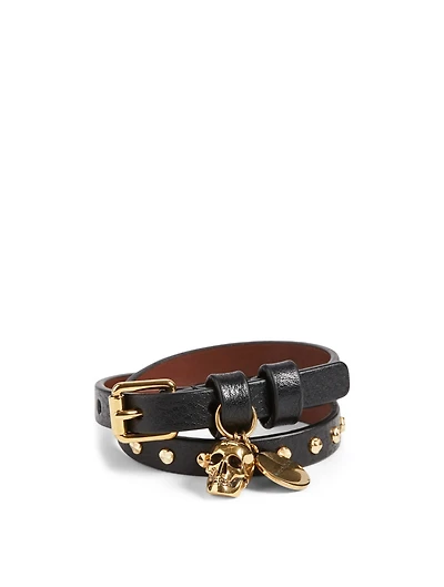 Leather Wrap Bracelet With Skull Charms