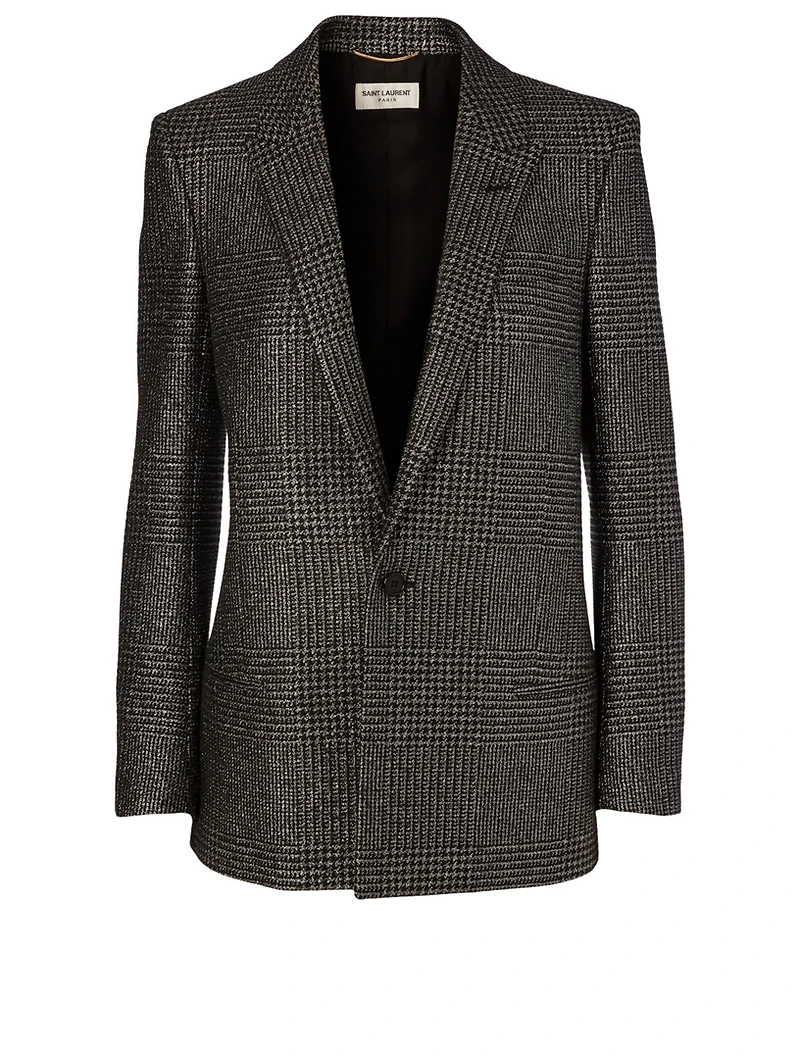 Wool-Blend Blazer Plaid Print