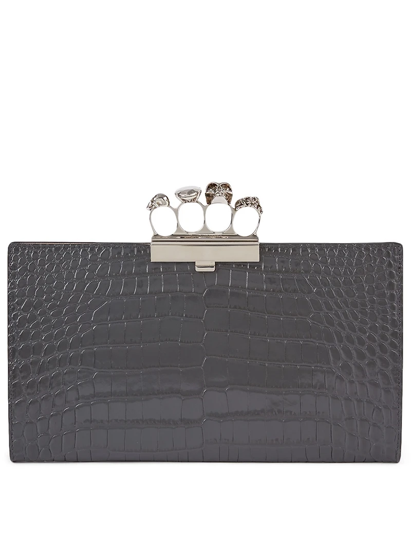 Croc-Embossed Leather Four-Ring Clutch Bag