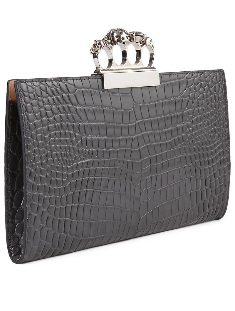 Croc-Embossed Leather Four-Ring Clutch Bag