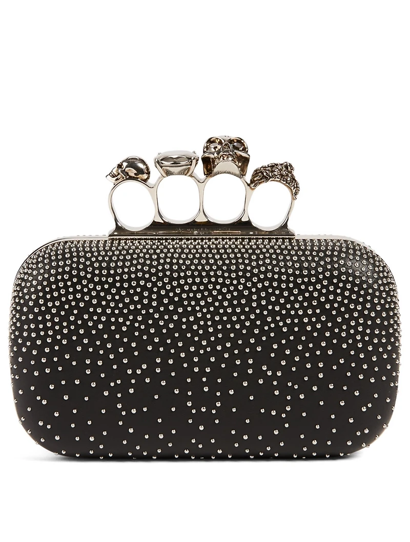 Leather Four-Ring Box Clutch Bag With Studs