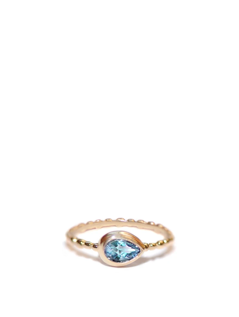 Dew Drop 14K Gold Pear Stackable Ring With Swiss Blue Topaz