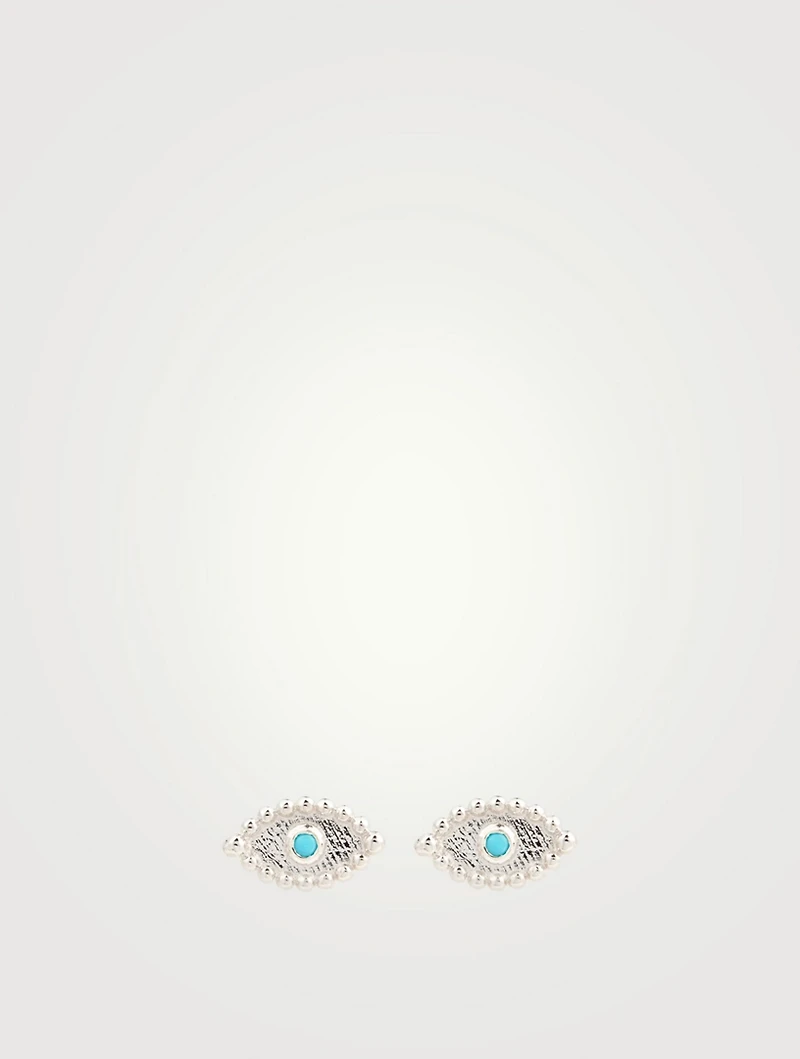 Dew Drop Sterling Silver Evil Eye Stud Earrings With Sleeping Beauty Turquoise