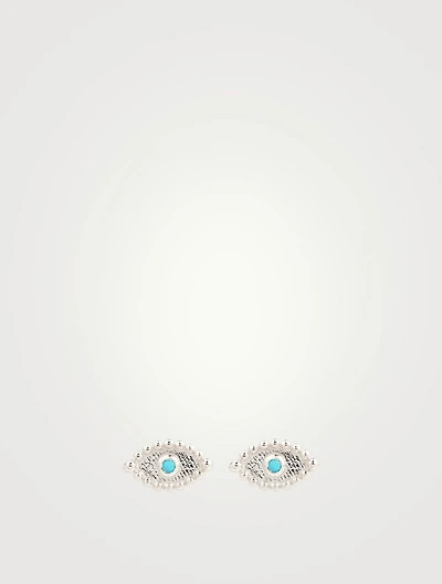Dew Drop Sterling Silver Evil Eye Stud Earrings With Sleeping Beauty Turquoise