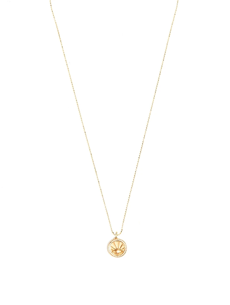 14K Gold Pearl Evil Eye Ray Coin Charm Necklace