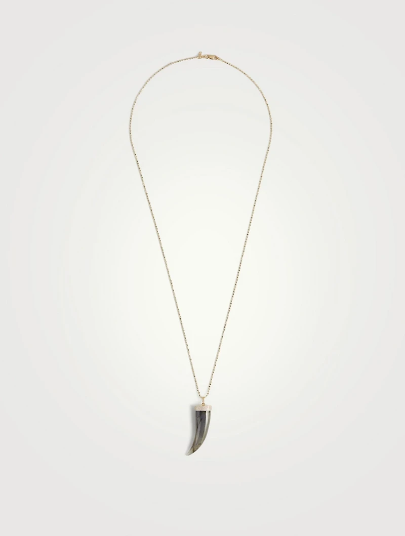 14K Gold Large Labradorite Horn Necklace With Diamonds