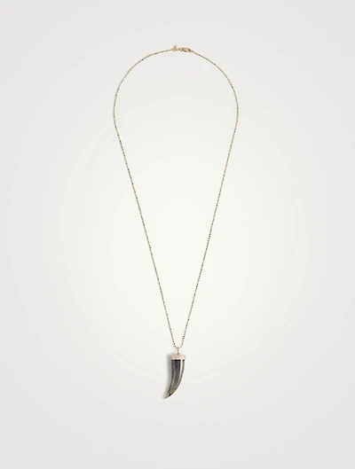 14K Gold Large Labradorite Horn Necklace With Diamonds