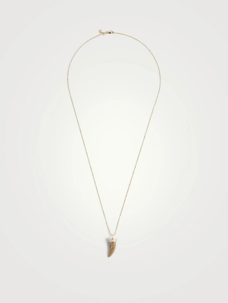 14K Gold Medium Wood Horn Necklace With Diamonds