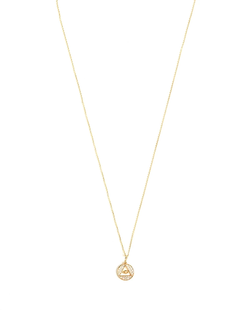14K Gold Pyramid Evil Eye Medallion Necklace With Diamonds
