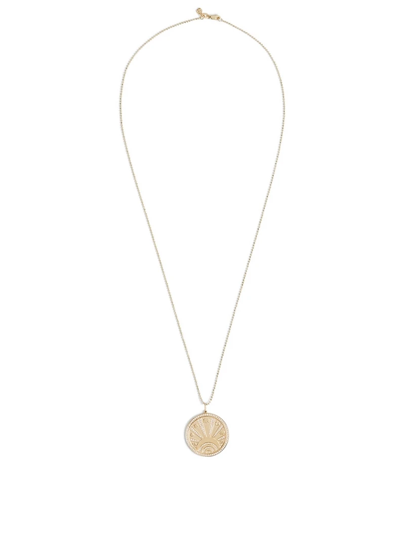 14K Gold Evil Eye Luck Coin Pave Rays Charm Necklace With Diamonds
