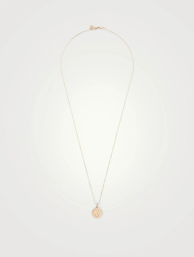 14K Gold Evil Eye With Rays Coin Charm Necklace With Diamonds And Pearl