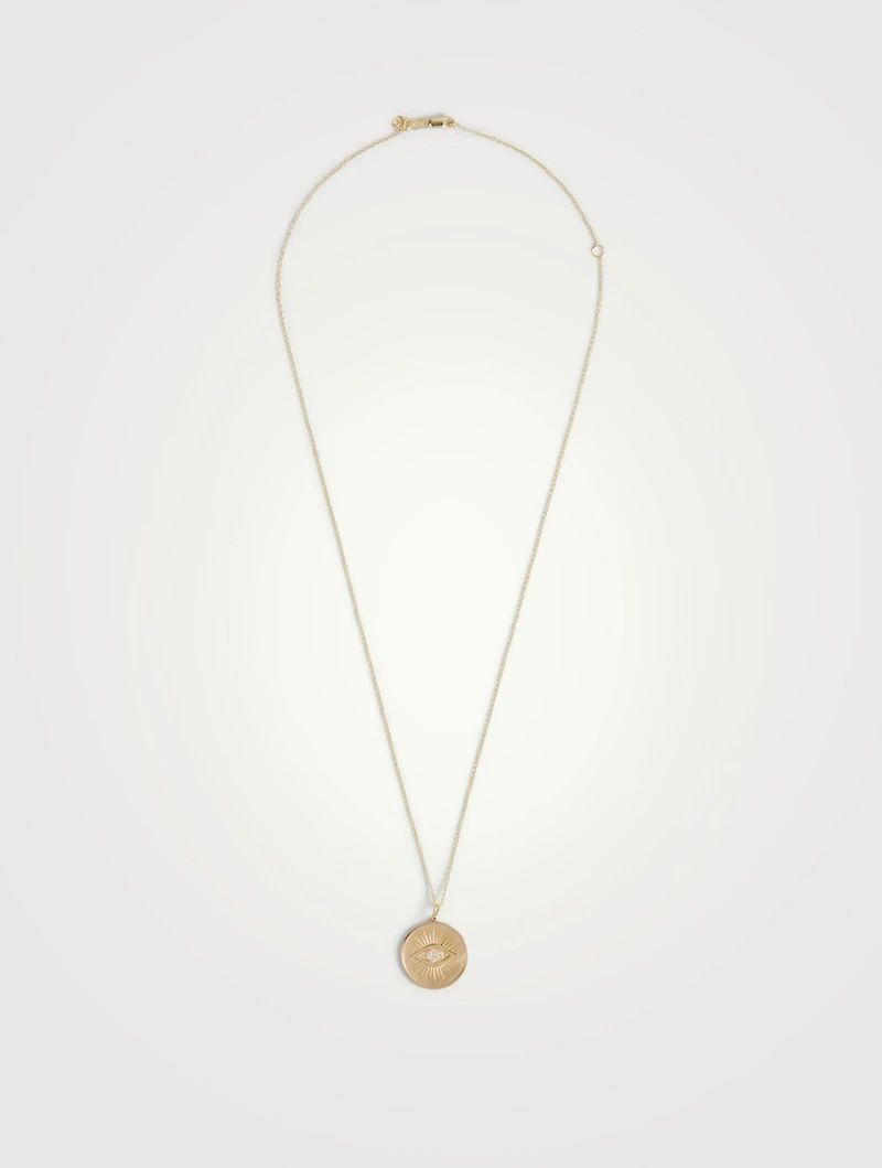 14K Gold Evil Eye Coin Charm Necklace With Diamonds