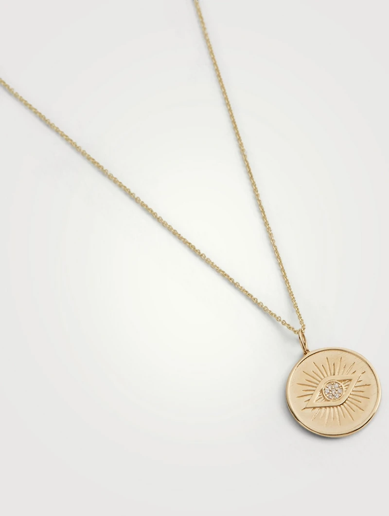 14K Gold Evil Eye Coin Charm Necklace With Diamonds