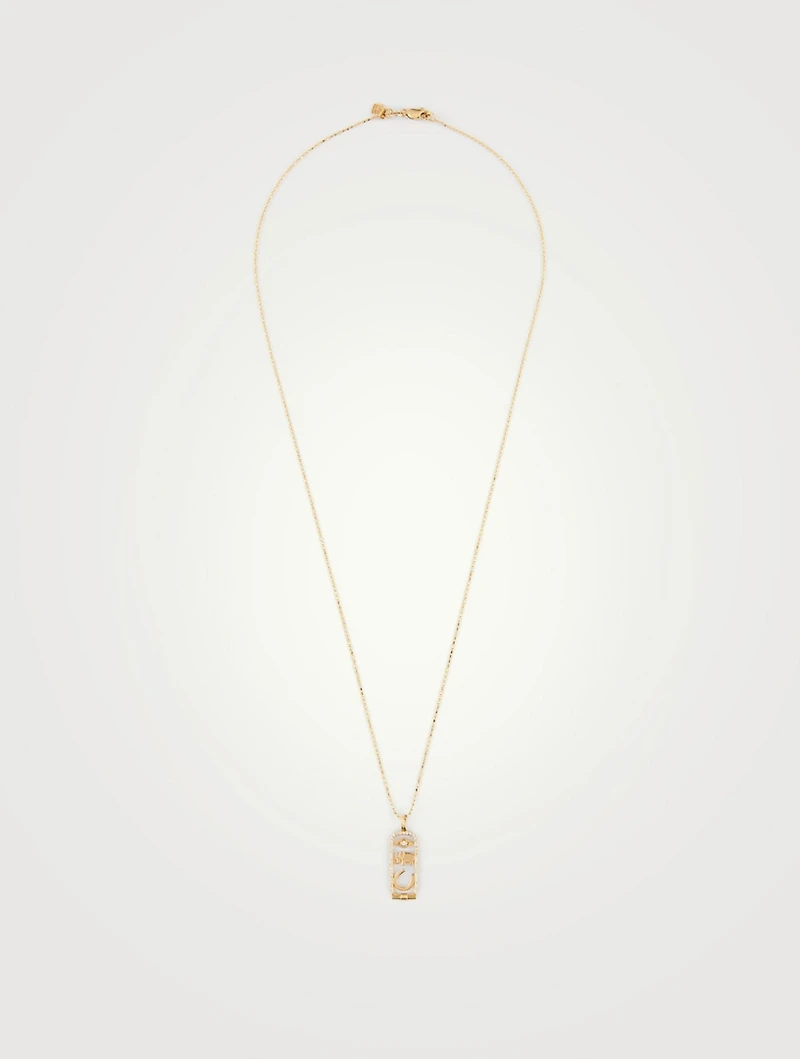 14K Gold Luck And Protection Cartouche Charm Necklace With Diamonds