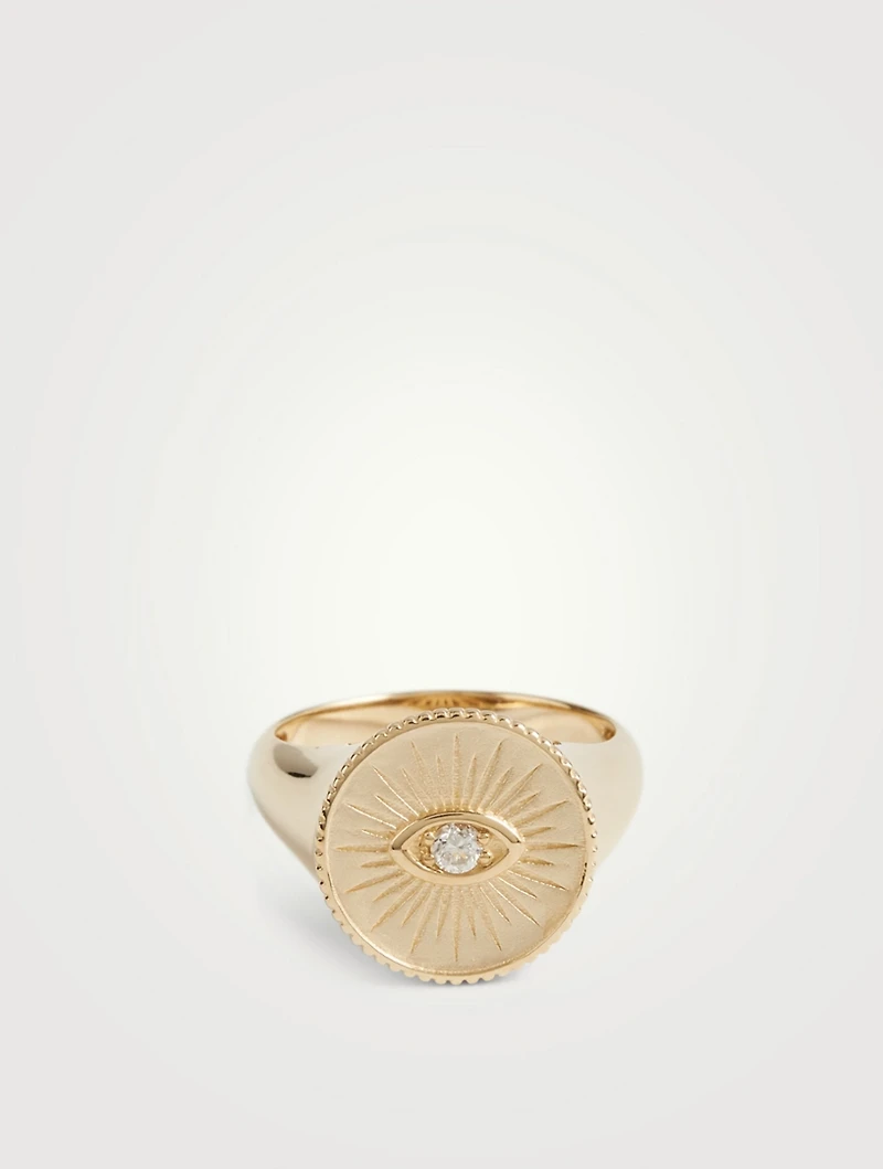 14K Gold Marquis Eye Coin Signet Ring With Diamonds