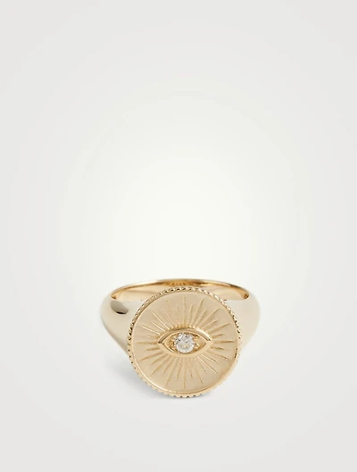 14K Gold Marquis Eye Coin Signet Ring With Diamonds