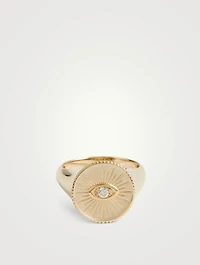 14K Gold Marquis Eye Coin Signet Ring With Diamonds