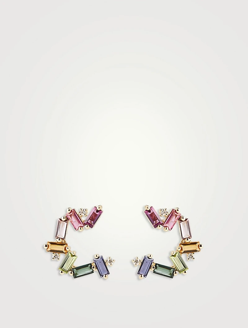 Amalfi 14K Gold Burst Rainbow Sideways Mini Hoop Earrings With Diamonds