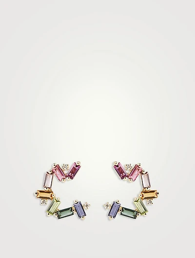 Amalfi 14K Gold Burst Rainbow Sideways Mini Hoop Earrings With Diamonds