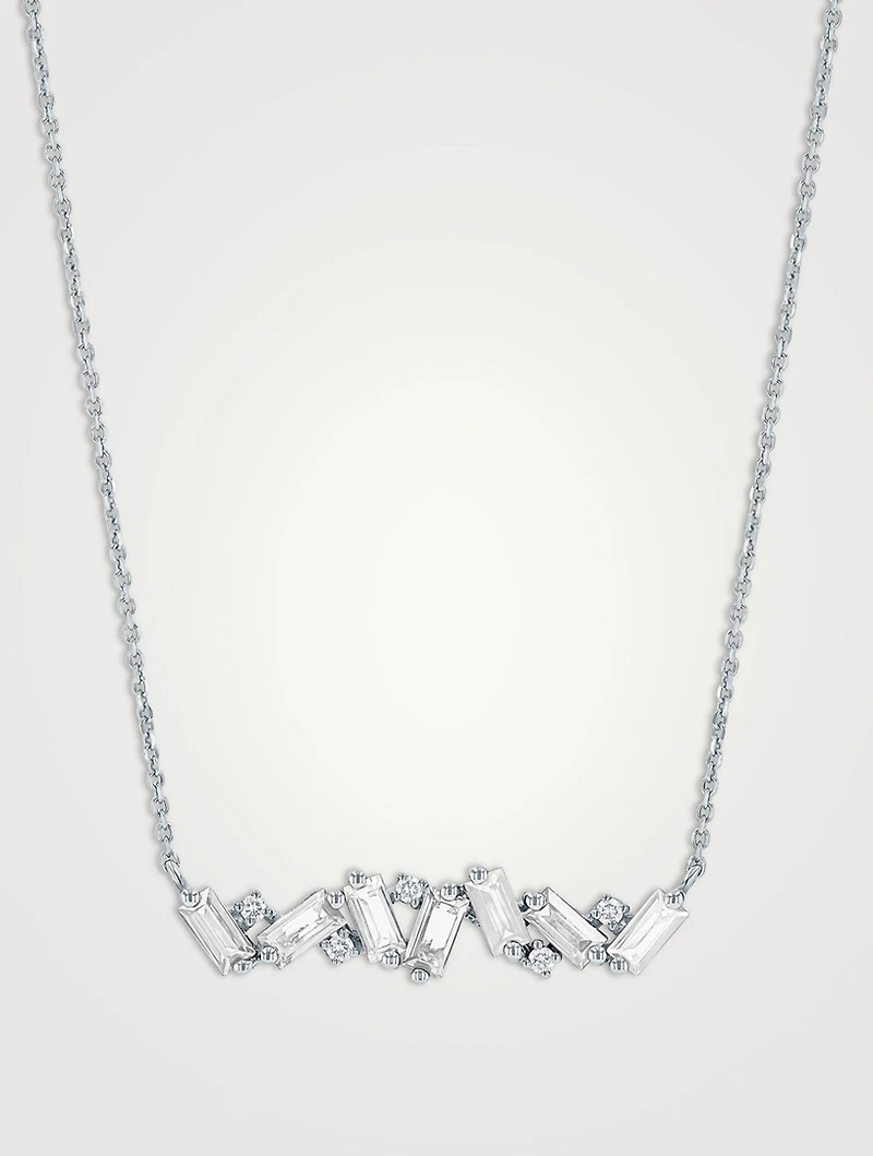 Amalfi 14K White Gold White Topaz Baguette Bar Necklace With Diamonds