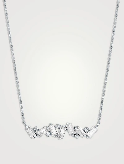 Amalfi 14K White Gold White Topaz Baguette Bar Necklace With Diamonds