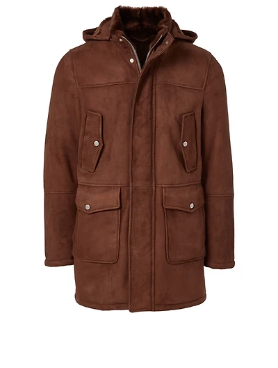 Suede Long Jacket With Shearling Hood