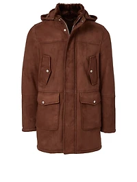 Suede Long Jacket With Shearling Hood