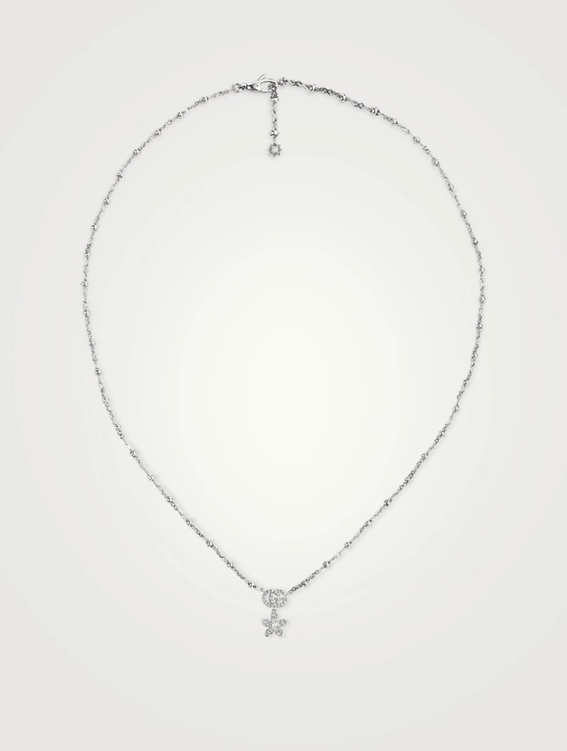 Flower And Double G 18K White Gold Necklace With Diamonds