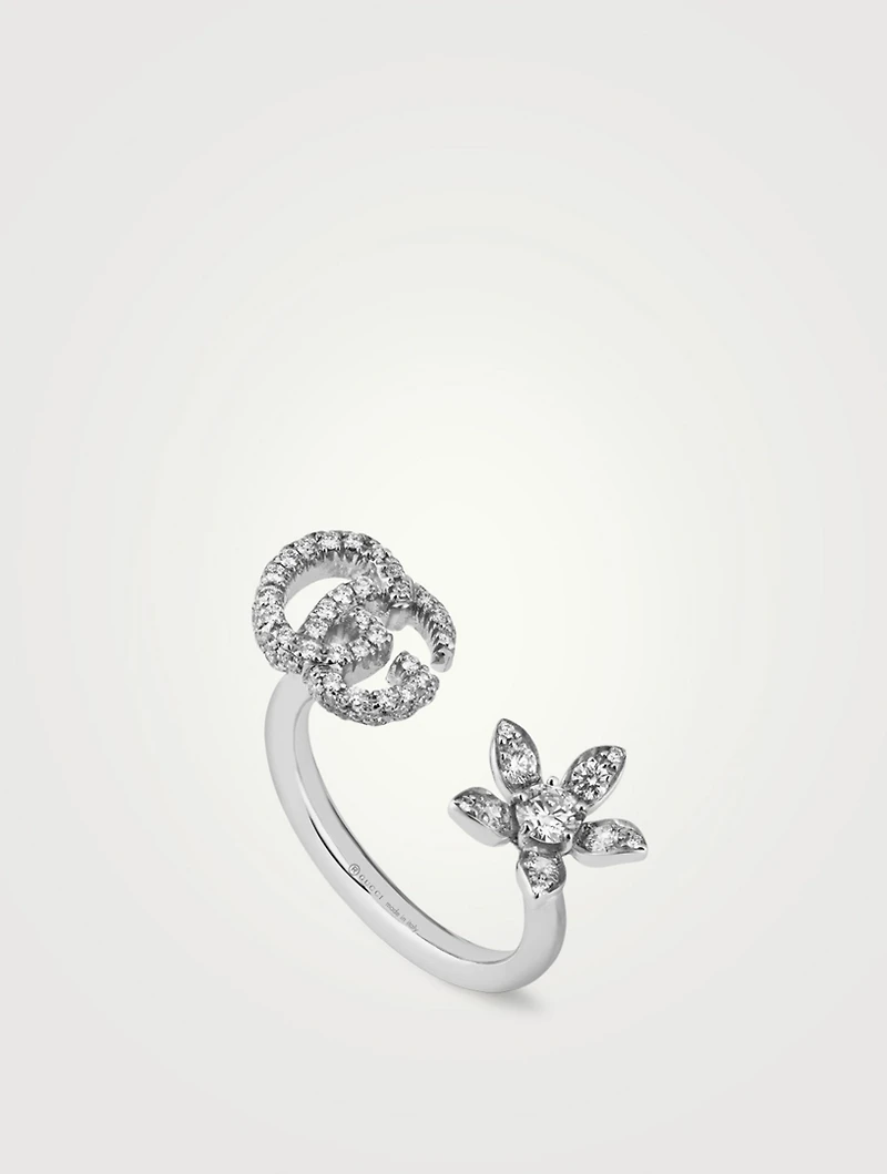 Flower And Double G 18K White Gold Ring With Diamonds