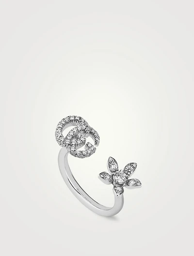 Flower And Double G 18K White Gold Ring With Diamonds