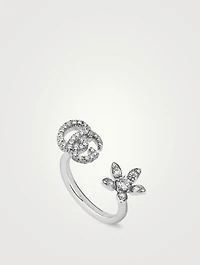 Flower And Double G 18K White Gold Ring With Diamonds