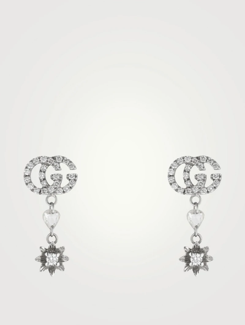 Flower And Double G 18K White Gold Earrings With Diamonds