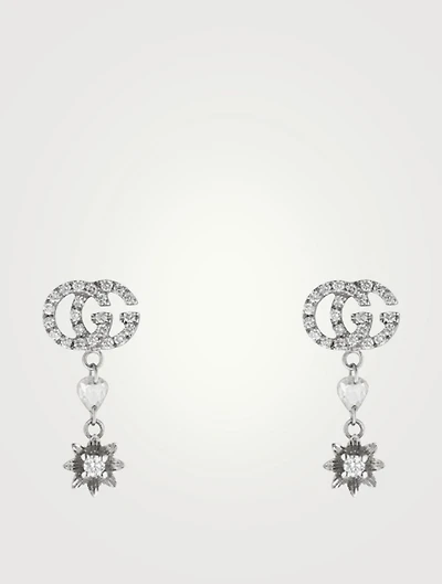 Flower And Double G 18K White Gold Earrings With Diamonds