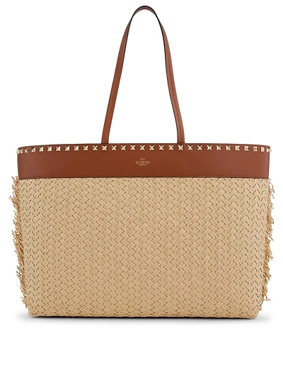 Rockstud Raffia And Leather Tote Bag