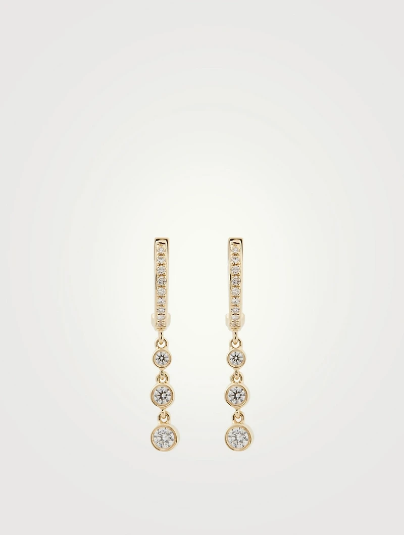 14K Gold Huggie Triple Bezel Drop Earrings With Diamonds