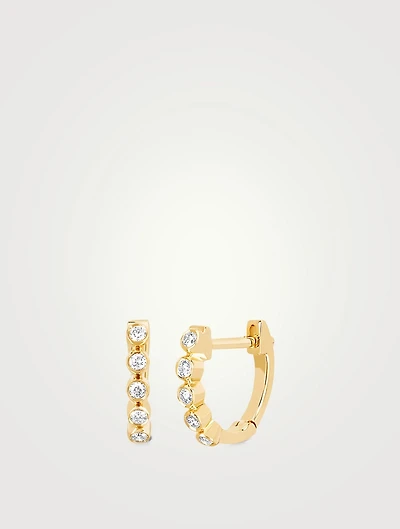 Mini 14K Gold Bezel Huggie Hoop Earrings With Diamonds