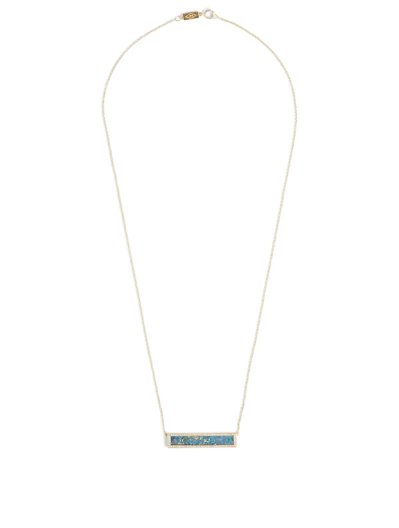Gold Opal Inlay Bar Necklace With Diamonds