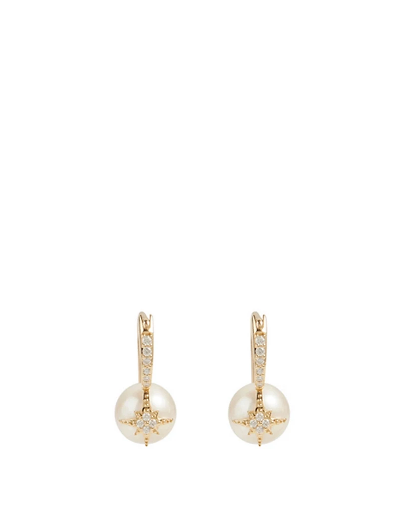 14K Gold Starburst Pearl Earrings With Diamonds
