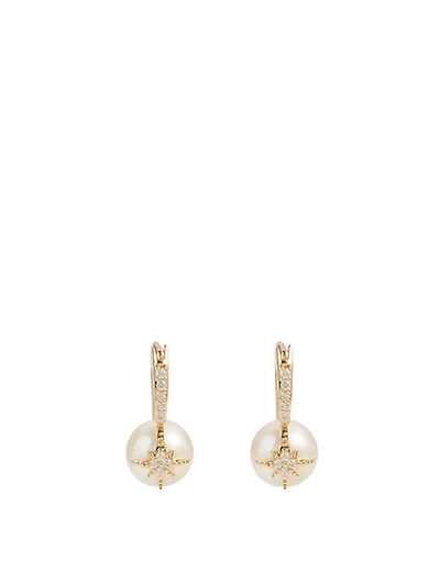 14K Gold Starburst Pearl Earrings With Diamonds