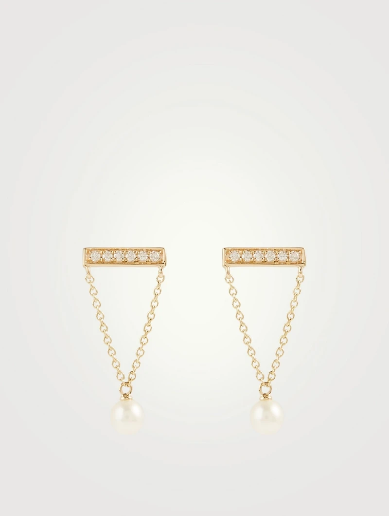 14K Gold Bar Stud Earrings With Pearls And Diamonds