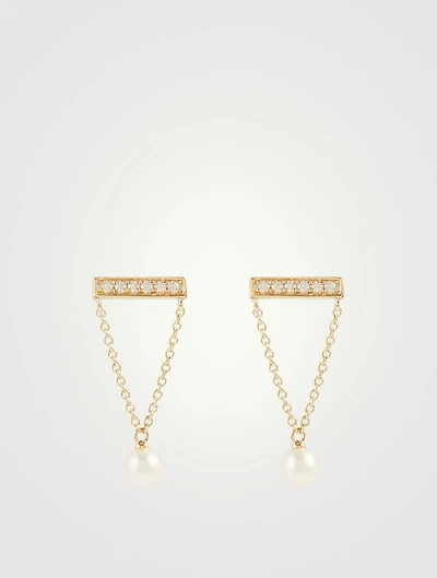14K Gold Bar Stud Earrings With Pearls And Diamonds