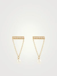 14K Gold Bar Stud Earrings With Pearls And Diamonds