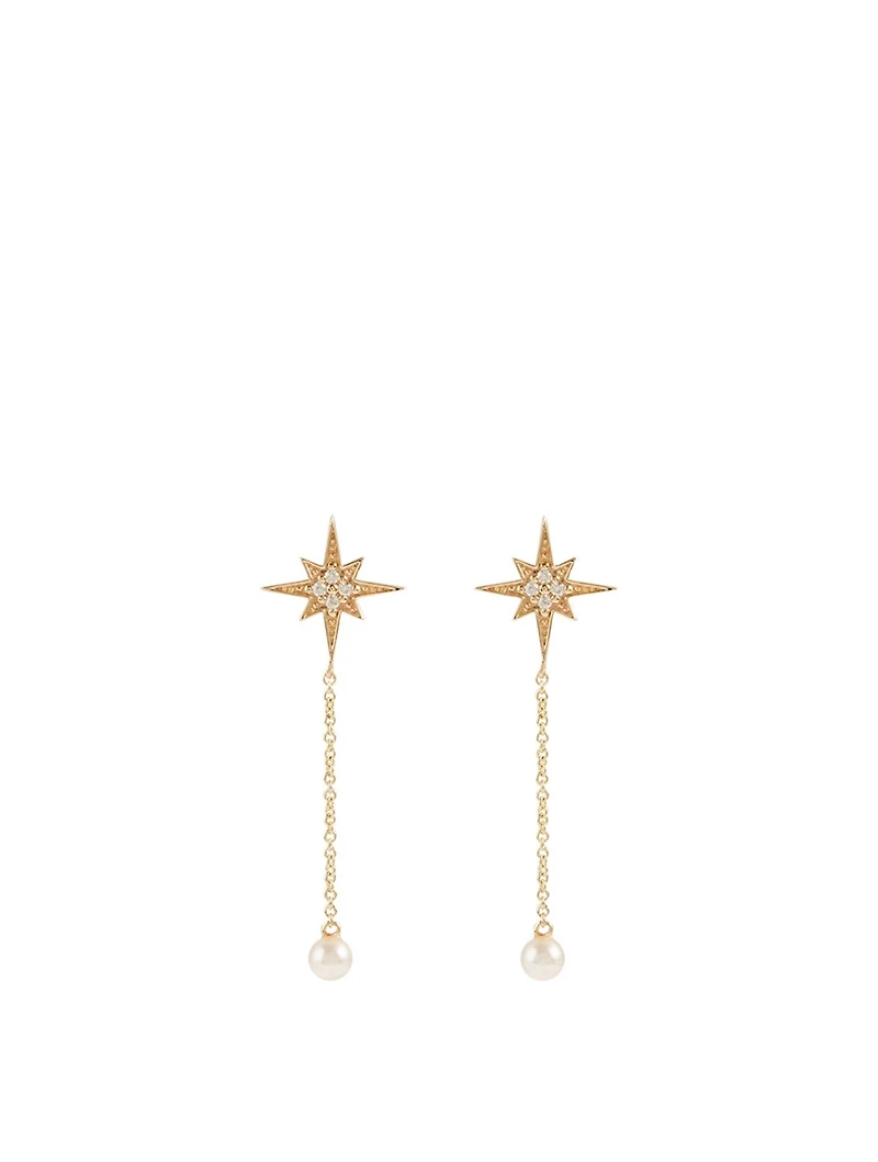 14K Gold Starburst Pearl Drop Earrings With Diamonds