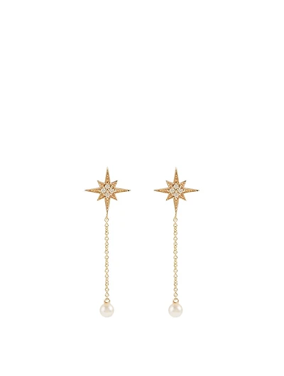 14K Gold Starburst Pearl Drop Earrings With Diamonds
