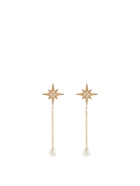 14K Gold Starburst Pearl Drop Earrings With Diamonds