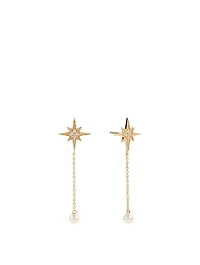 14K Gold Starburst Pearl Drop Earrings With Diamonds